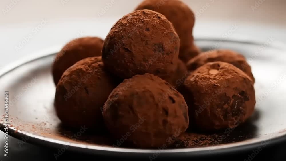 Chocolate Truffles on Dark Plate. Chocolate Truffles on Dark Plate.