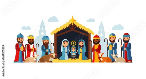 Colorful Illustration of Nativity Scene with Figures