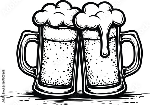 Two frothy beer mugs clinking together foam bubbles