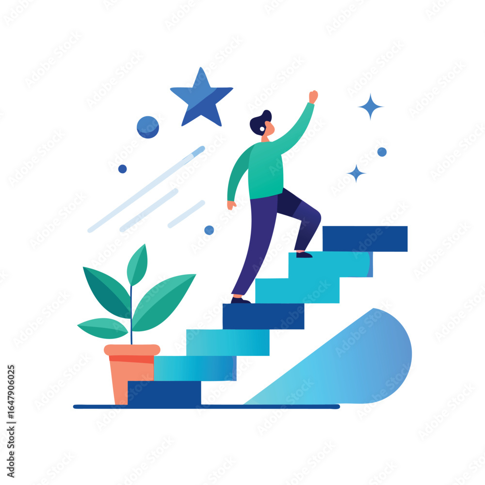 Obraz premium Man climbing stairs towards success and stars