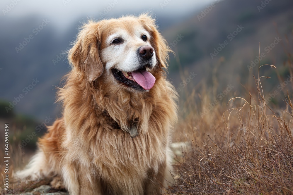 Obraz premium Golden retriever sitting calmly and panting in a natural landscape during a sunny afternoon with a soft breeze