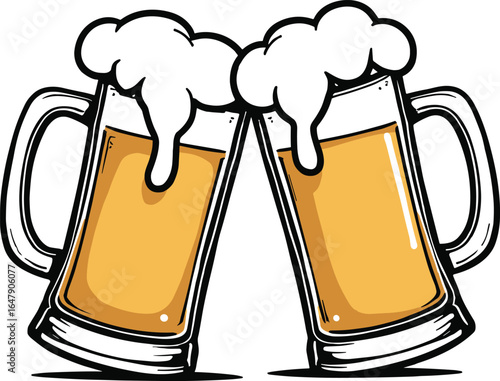 Two frothy beer mugs clinking together toast