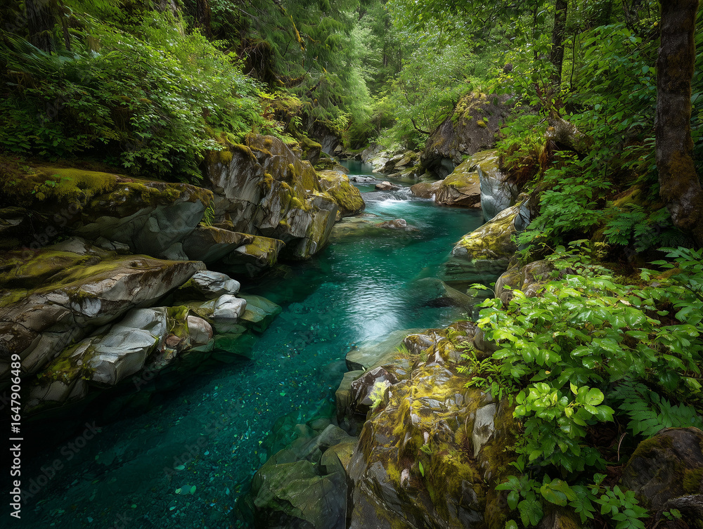 Naklejka premium serene teal stream winding through mossy rocks and lush greenery
