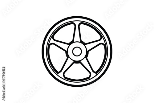 A black and white illustration of a five spoke wheel design silhouette