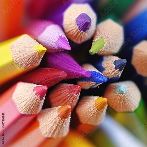 A detailed macro shot of colorful pencils arranged in a circular pattern with their sharpened tips pointing inward. The pencils display a spectrum of colors from red to violet.