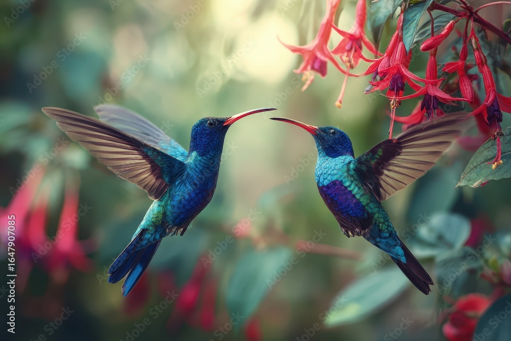 Obraz premium Violet Sabrewing hummingbirds hovering near fuchsia flowers in a vibrant garden during early morning light