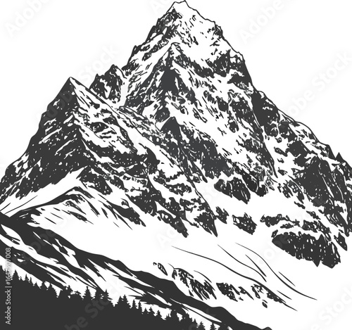 Black and white vector illustration of a snowy mountain peak landscape with trees and clouds