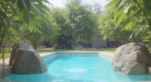 A refreshing swimming pool surrounded by lush greenery offers a tranquil escape on a bright sunny day