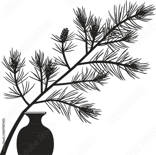 A minimalist black and white vase with flowers, featuring a striking branch silhouette and a delicate leaf pattern, perfectly captures the essence of nature's simple beauty