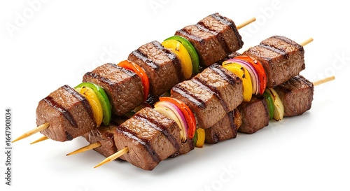 Delicious Grilled Beef Kebabs With Colorful Bell Peppers and Onions Isolated on White Background