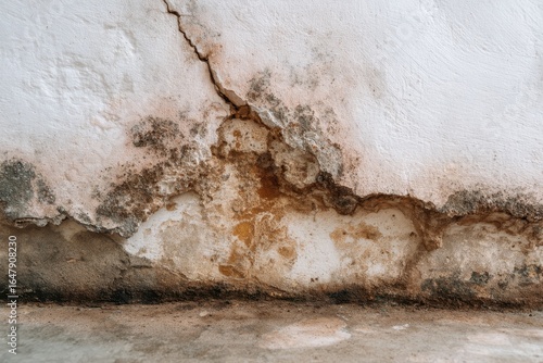 Closeup view of saltpeter and mold affecting a cracked wall in an aging building, showcasing deterioration and moisture issues in a damp environment