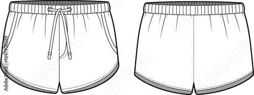 cad drawing of casual shorts, flat vector illustration, drawstring waistband, elastic waistband, curved hem, visible pockets, apparel template, fashion garment sketch, clothing design