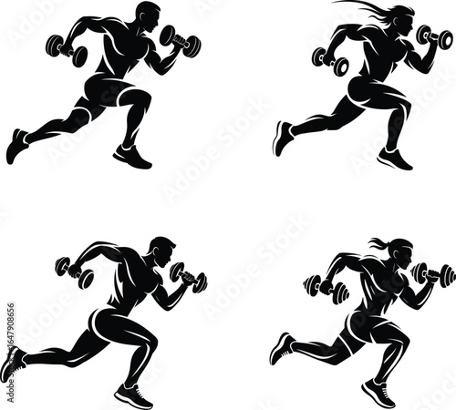 Silhouette illustrations of athletes performing exercise running with dumbbells fitness and workout concepts
