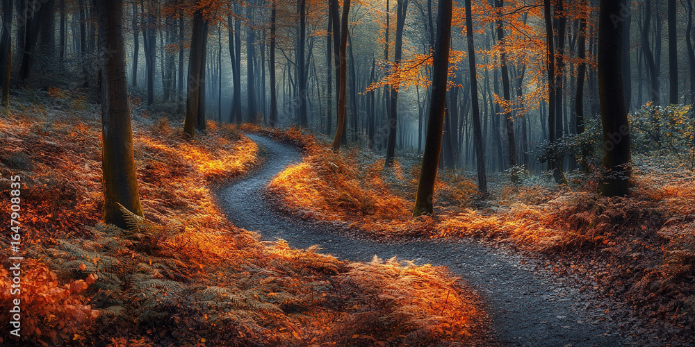 Obraz premium Winding forest trail under glowing beech foliage in Belgium