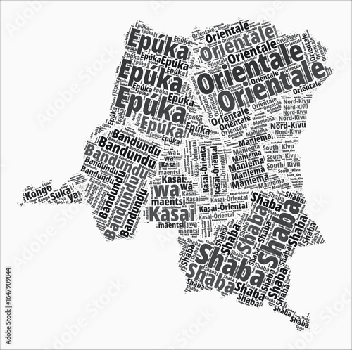 Democratic Republic of the Congo Text Style Regions. Country region names word clouds in French language. Vibrant vector illustration.