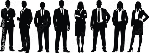 business team silhouette, formal attire vector, corporate professionals illustration, executive group graphic, black and white office scene, leadership concept icons