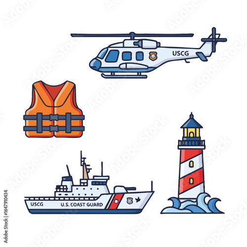 Coast Guard cutter, helicopter, life vest, and lighthouse.