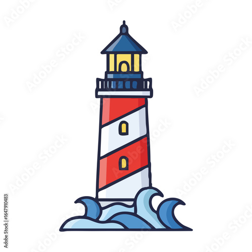 Classic lighthouse with ocean waves.