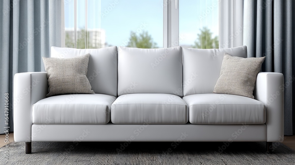Fototapeta premium A stylish white sofa is adorned with decorative pillows, positioned near large windows that let in natural light and fresh air