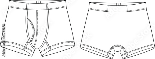 cad drawing of men's boxer briefs, flat vector illustration, front back views, detailed stitching, underwear template, fashion design, technical sketch