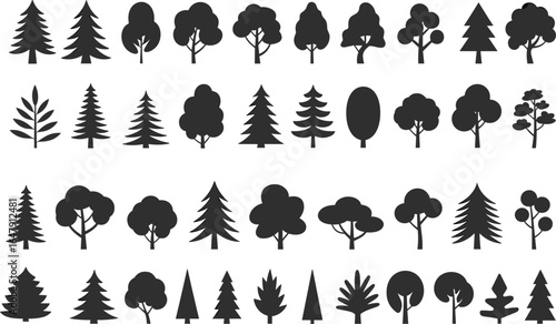 Collection of Tree Silhouettes, Pine and Deciduous Trees, Nature Icons, Forest Elements, Vector Graphics, Tree Designs, Adobe Stock, SEO Optimized
