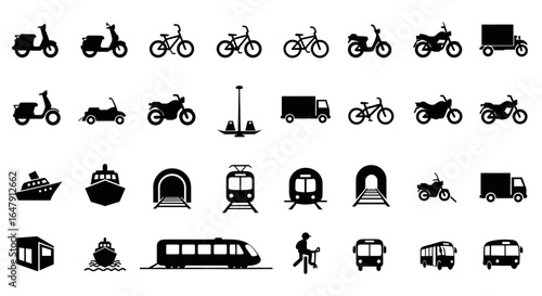 Diverse Collection of Transportation Icons Representing Various Modes of Travel and Mobility Solutions