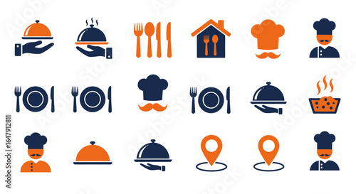 A Collection of Culinary Icons Featuring Food Service Restaurant Dining Hospitality and Location Symbols for Gastronomy and Catering Services
