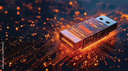 Glowing USB Drive on Circuit Board with Digital Data Streams USB drive flash drive.