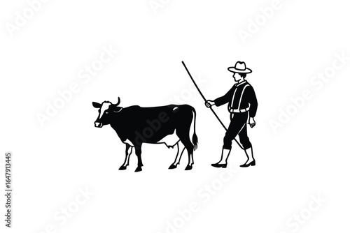 man in traditional clothing walking with a cow in a rural setting outdoors silhouette
