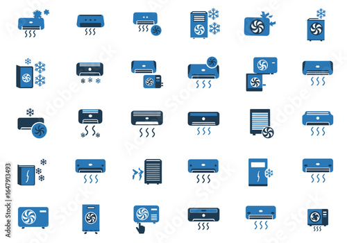 Comprehensive Collection of Modern Air Conditioner Icons Representing Climate Control and Cooling Technologies