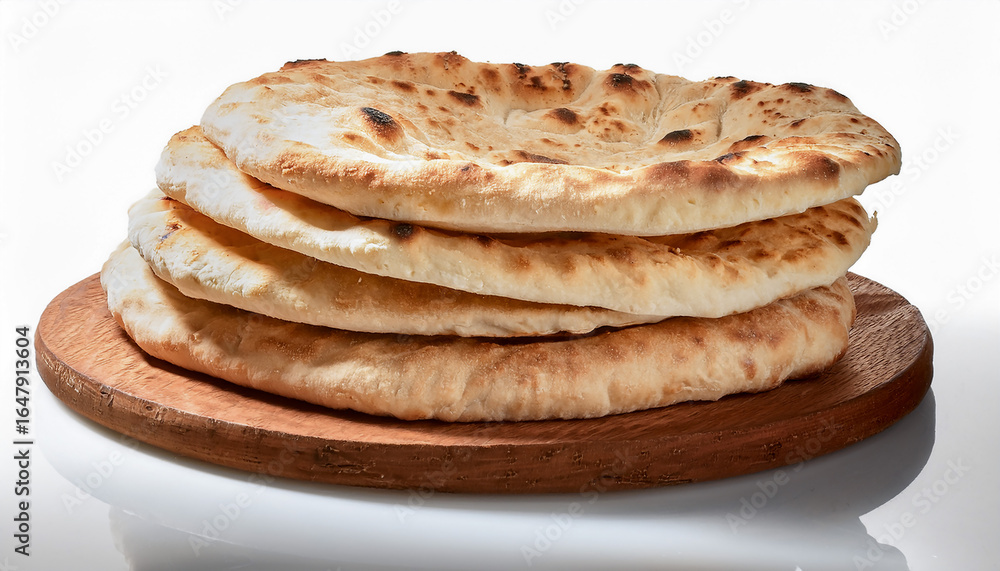 Stack of fresh homemade naan or pita flatbread on a wooden board Stack of fresh homemade naan or pita flatbread on a wooden board