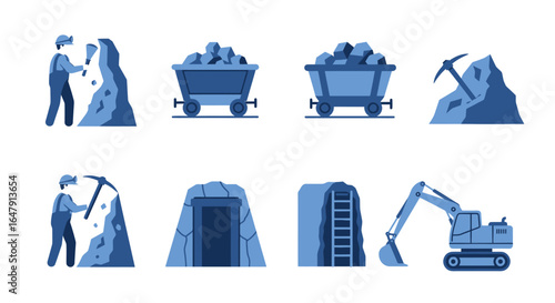 Illustrations of Mining Operations Showing Miners Working in Tunnels with Carts and Excavators Extracting Resources From Mountains