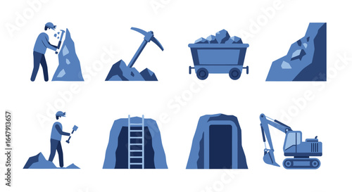 Illustrations of Mining Activities and Equipment Showing Resource Extraction and Heavy Machinery in Action