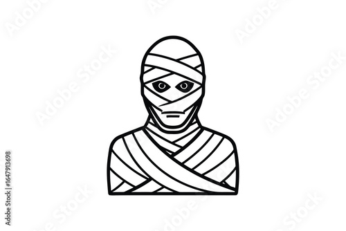 A cartoon mummy with bandages wrapped around its body and face silhouette