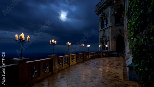 Wallpaper Mural Mysterious castle balcony at night with glowing lanterns and moonlit sky Torontodigital.ca