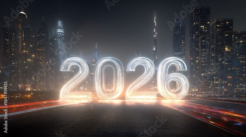 Year 2026 glows against Dubai cityscape. Represents future, vision. For web, marketing, design.