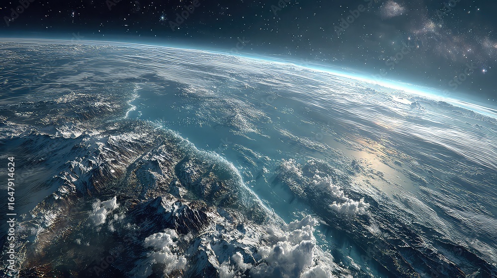 Fototapeta premium Stunning view of Earth from space with majestic mountains and oceans bathed in celestial light, perfect for travel and exploration themes