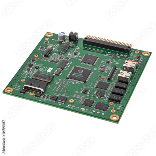 An isolated printed circuit board with computer hardware components and electronic chips on a white background