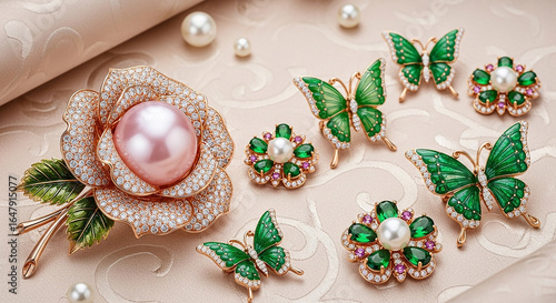 Elegant pearl jewelry collection featuring rose, flower, and butterfly designs with diamonds for a luxurious and sophisticated style