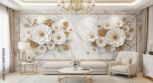 Elegant living room with marble flower wall art creates a luxurious and inviting space for relaxation and sophisticated living