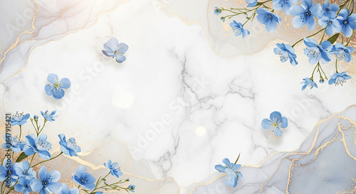 Elegant marble texture with delicate blue flowers and gold accents for a fresh spring vibe, perfect for wedding invitations or stationery designs