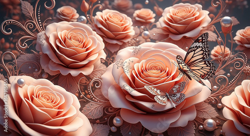 Elegant peach roses with delicate butterfly accents, perfect for luxury branding or romantic designs, conveying grace and sophistication