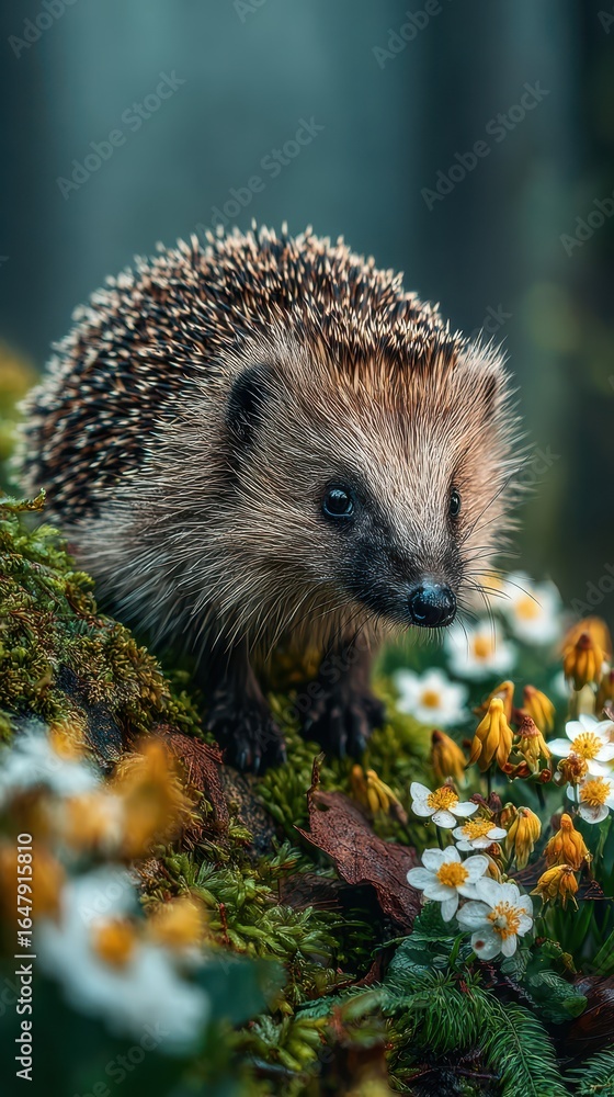 Fototapeta premium Hedgehog exploring a vibrant forest floor adorned with wildflowers during a sunny spring day