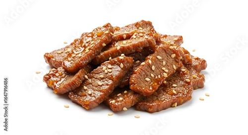 Deliciously Glazed Savory Beef Strips Sprinkled With Sesame Seeds Isolated on White Background
