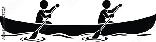 Canoe paddling silhouette, teamwork icon vector, outdoor activity illustration, water sport design, flat style, cad drawing flat vector illustration