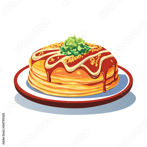 Okonomiyaki Japanese Savory Pancake with Special Sauces and Garnishes