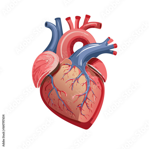 Detailed illustration of human heart, showing anatomy and veins, cardiovascular system