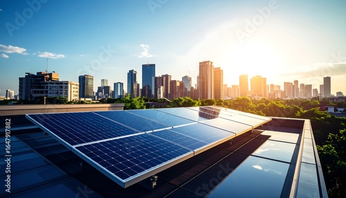 Solar panels on a rooftop, city skyline