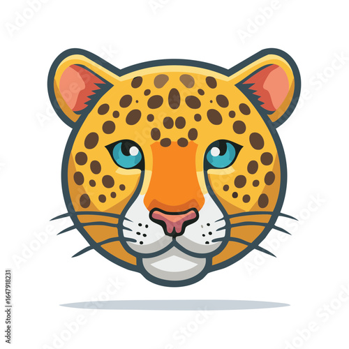 Leopard face vector illustration. Yellow feline animal with blue eyes, whiskers and spotted pattern.