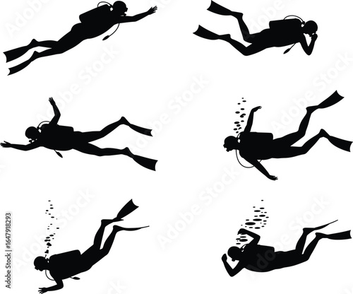 Scuba diver silhouette set, underwater activity icons, marine exploration vector, diving poses illustration, black and white, aquatic sport art